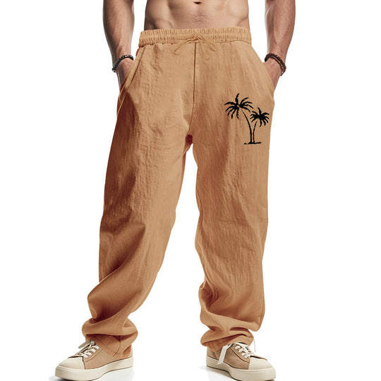 Herren Leichte Leinenoptik-Freizeithose mit elastischem Bund, Kordelzug & Palmen‑Stickerei Shop Nory