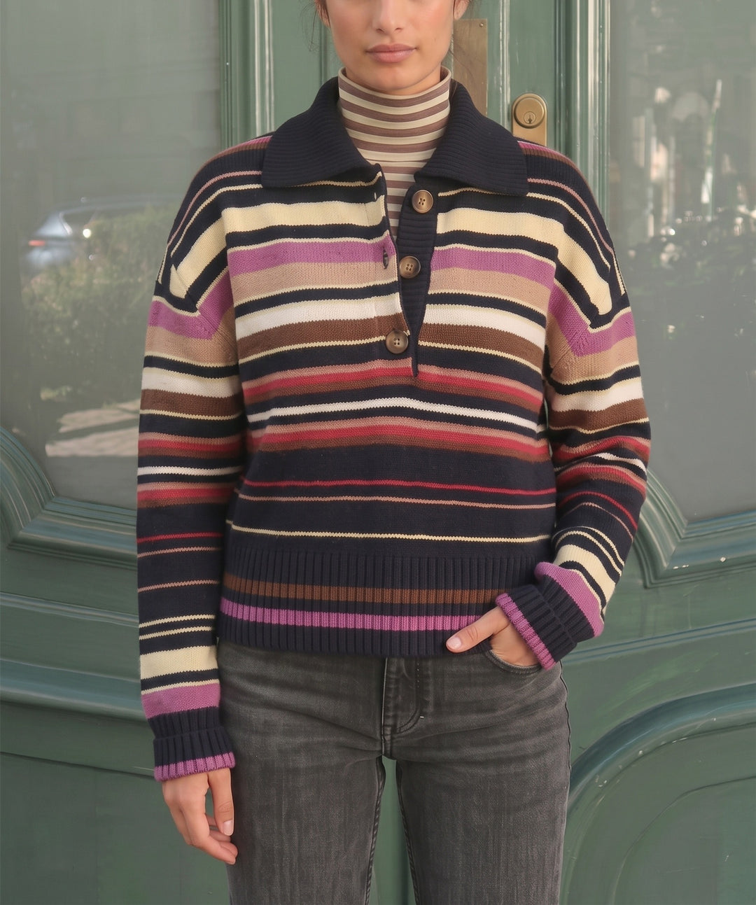 Damen Gestreifter Strickpullover mit Polokragen & Knopfleiste Shop Nory