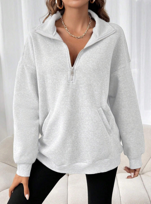 Damen Oversize Sweatshirt mit halbem Reißverschluss, Kängurutasche und Stehkragen Shop Nory