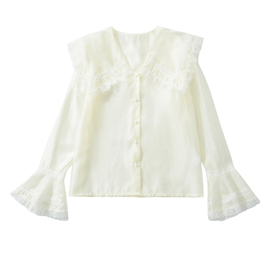 Damen Bluse mit großem Spitzenkragen und gestuften Trompetenärmeln Shop Nory