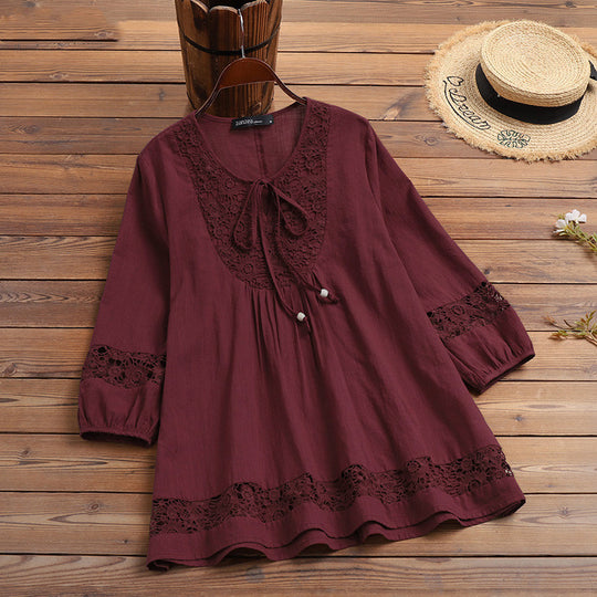 Damen Lässige Tunika-Bluse mit Häkelspitze, Bindekragen und dreiviertel Ärmeln Shop Nory