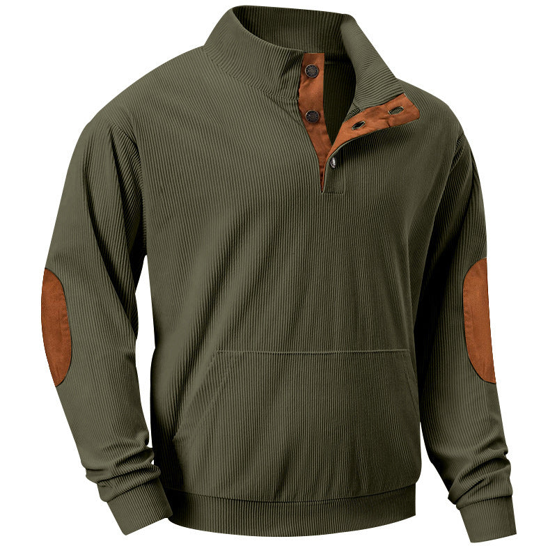 Herren Strukturiertes Ripp-Henley-Sweatshirt mit Stehkragen, Kängurutasche & Velours-Ellbogenpatches Shop Nory