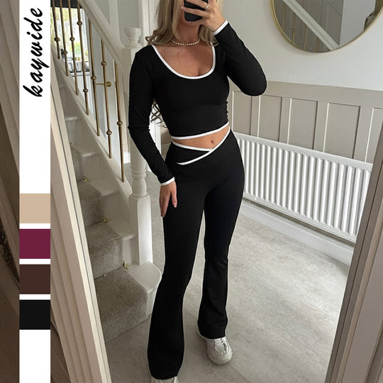 Damen nan figurbetontes Longsleeve-Croptop und ausgestelltes High Waist Schlaghosenset Shop Nory