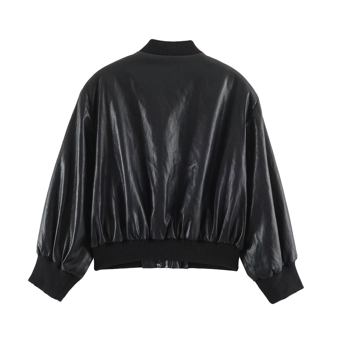 Damen Oversize Bomberjacke aus Kunstleder mit gerippten Bündchen Shop Nory