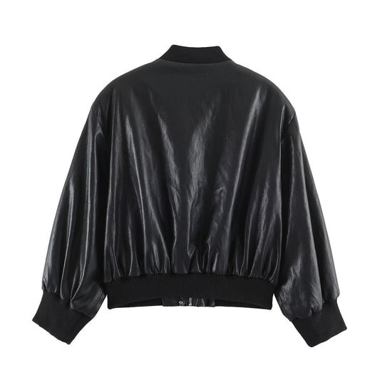 Damen Oversize Bomberjacke aus Kunstleder mit gerippten Bündchen Shop Nory