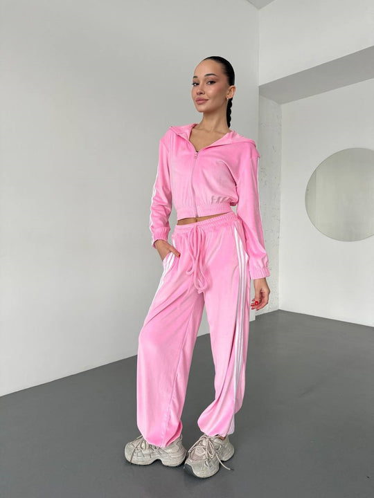 Damen Retro-Samt Trainingsanzug mit seitlichen Streifen, hochgeschnittener Bund und Reißverschluss Shop Nory
