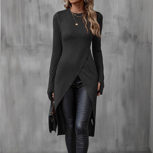 Damen Asymmetrische Langarm-Tunika mit Wickel-Saum Shop Nory