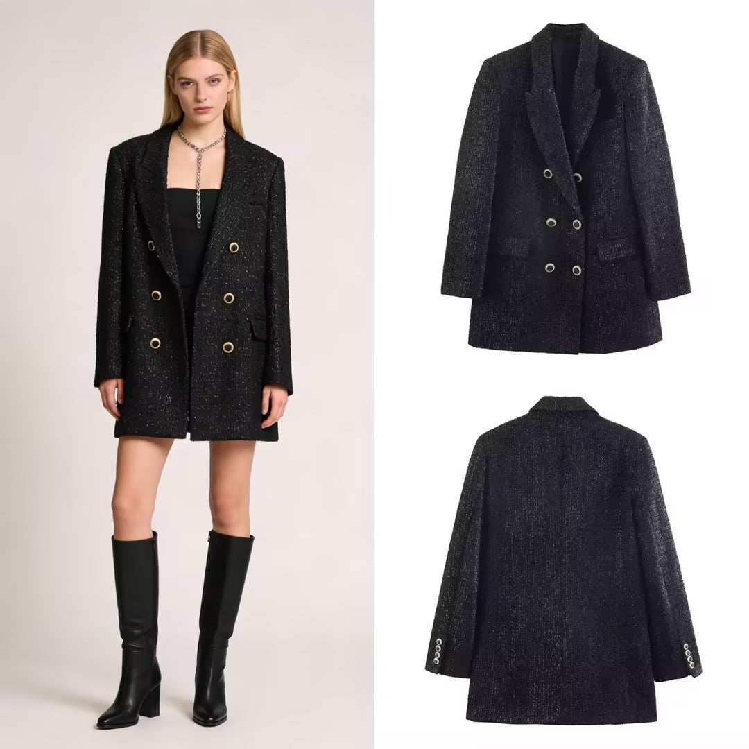 Damen Doppelreihiger Bouclé-Mantel mit Schalkragen und Pattentaschen Shop Nory