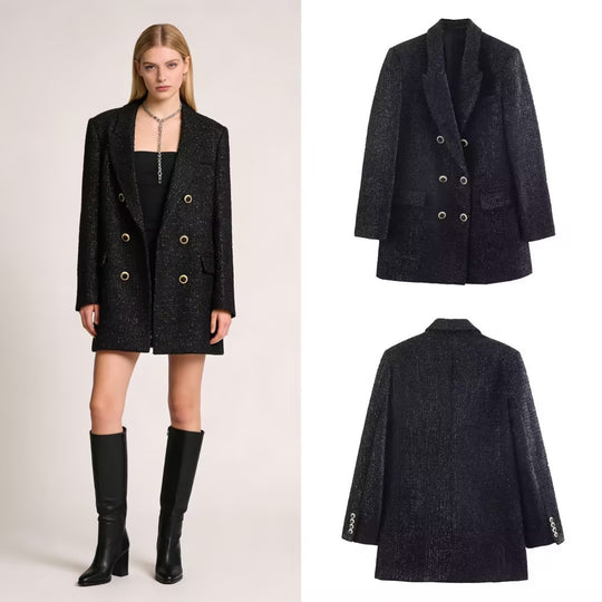 Damen Doppelreihiger Bouclé-Mantel mit Schalkragen und Pattentaschen Shop Nory