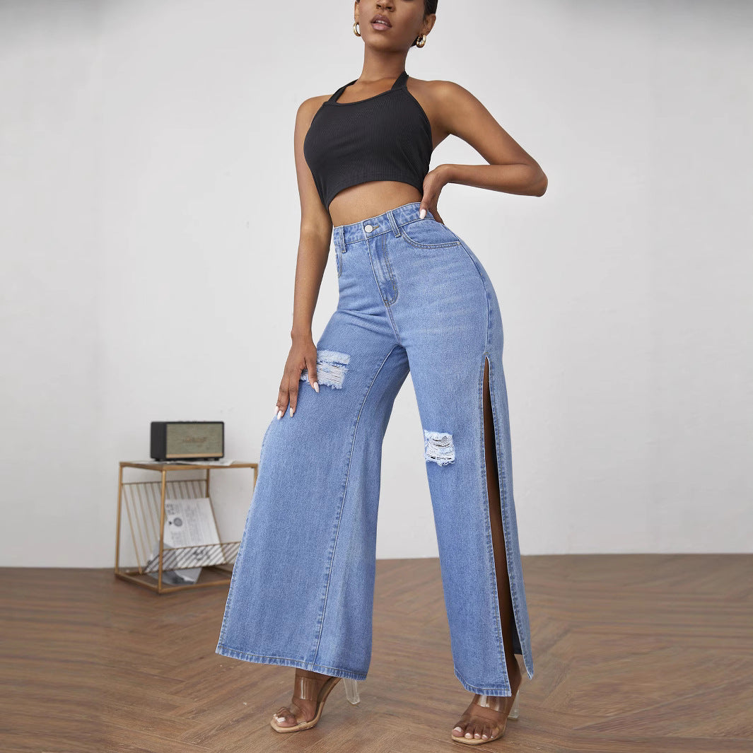 Damen weite High-Waist Denim-Jeanshose mit seitlichen Beinschlitzen und Destroyed-Kniepartien Shop Nory