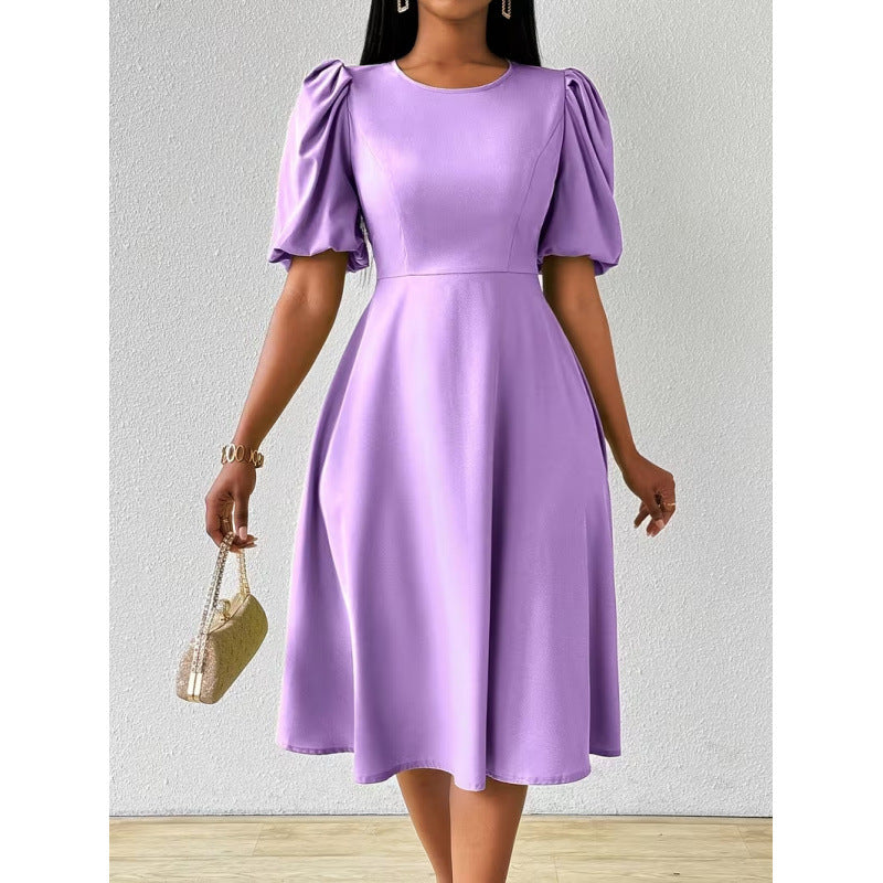 Damen Midi-Kleid mit Puffärmeln und schwingendem Saum