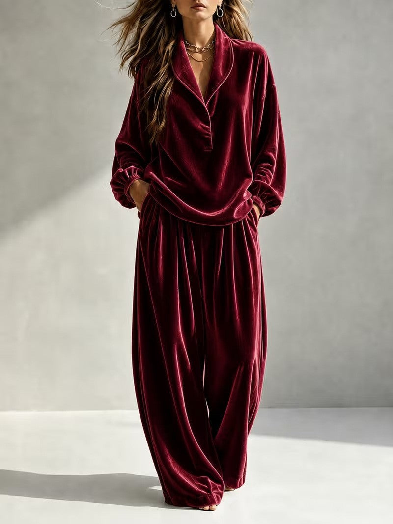 Damen Luxuriöses Velours-Loungewear-Set mit Schalkragen und weiter Palazzo-Hose Shop Nory
