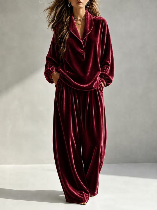 Damen Luxuriöses Velours-Loungewear-Set mit Schalkragen und weiter Palazzo-Hose Shop Nory