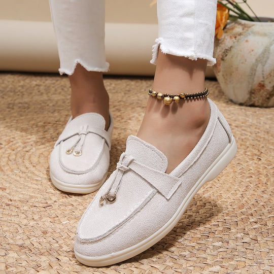 Damen Slipper-Loafer aus Velourslederoptik mit dekorativem Knotenriemen und leicht profilierter Gummisohle Shop Nory