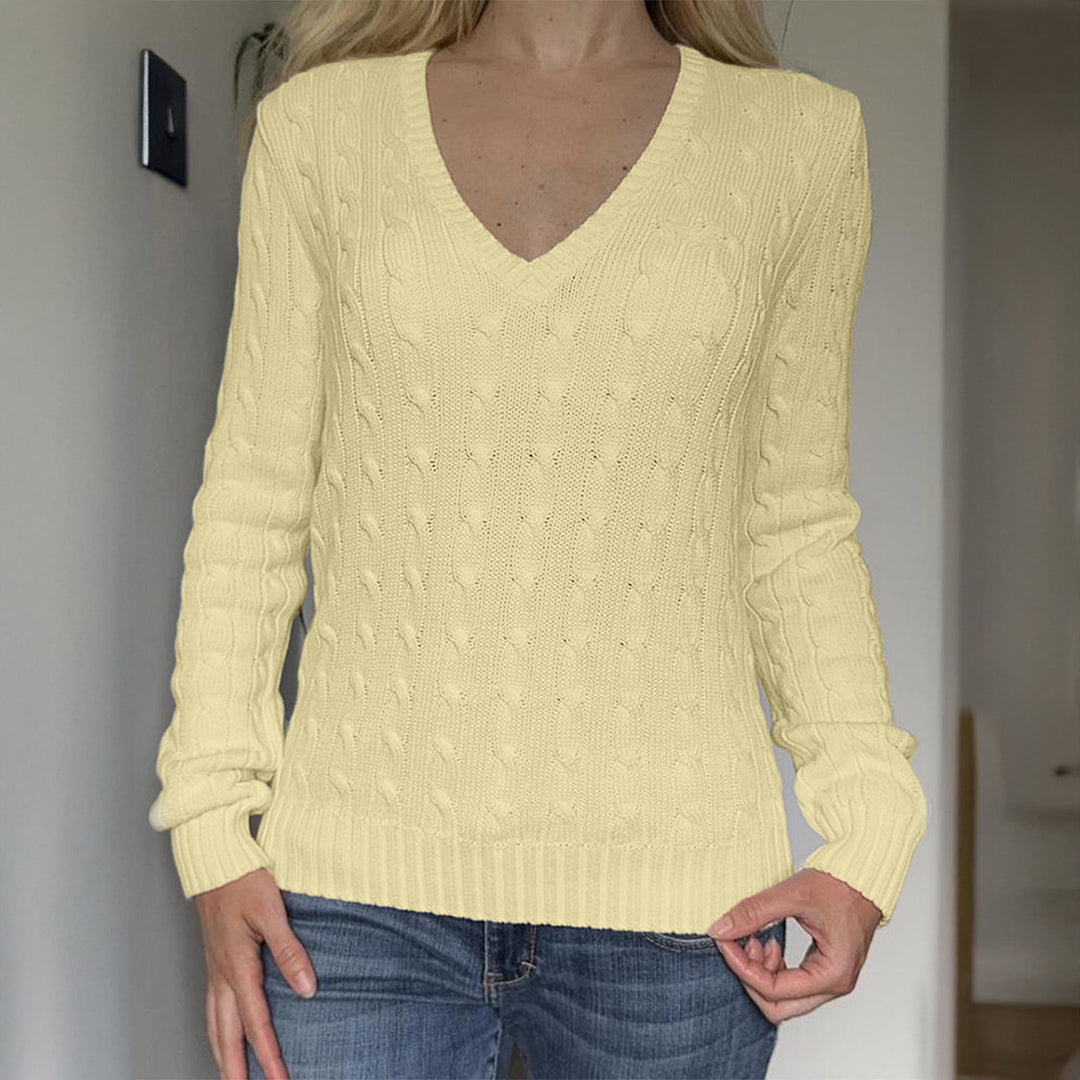 Damen nan Premium-Baumwollmix Zopfstrickpullover mit tiefem V-Ausschnitt und taillierter Silhouette Shop Nory