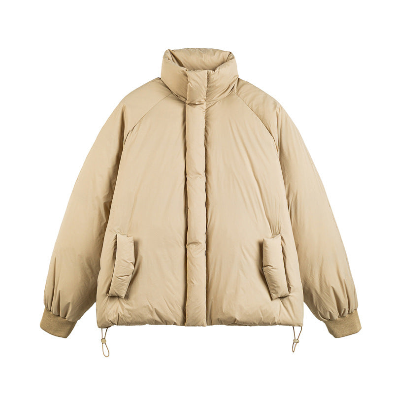 Unisex Boxy-wattierter Kurzblouson mit hohem Stehkragen, Raglanärmeln und Kordelzugsaum Shop Nory
