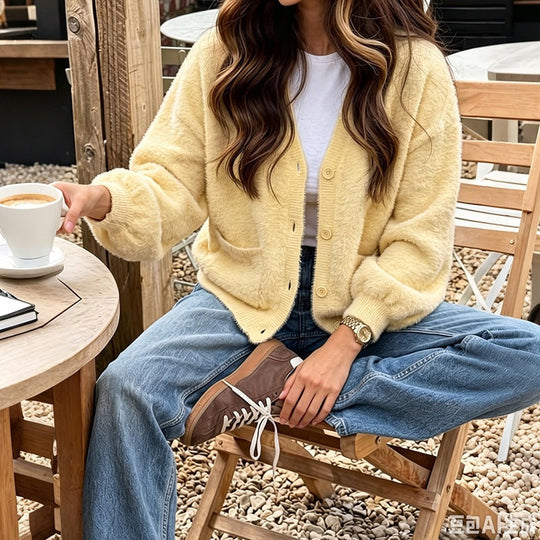 Damen Kuschelige Oversize-Cardigan aus Teddy-Fleece mit V-Ausschnitt, aufgesetzten Taschen & Rippbündchen Shop Nory