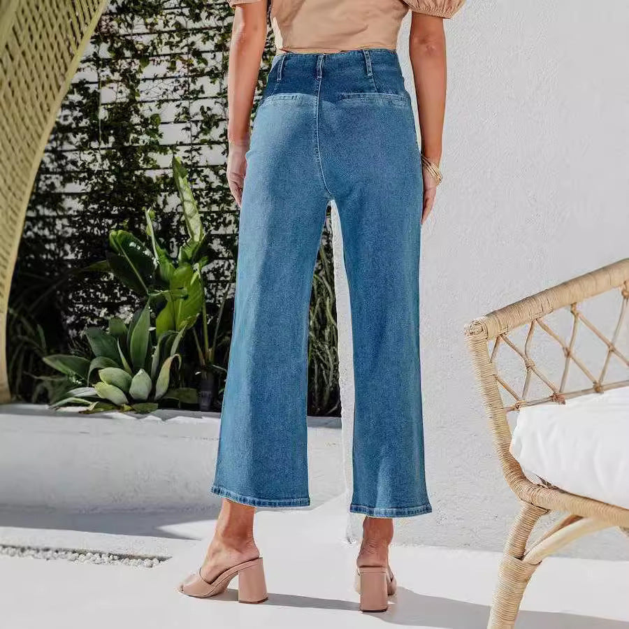 Damen High-Waist Jeans mit Knopfdetail und weitem Bein