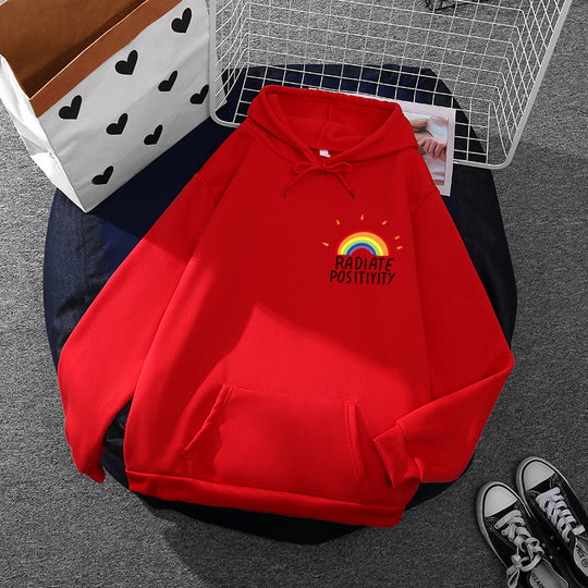 Damen nan lockerer Kapuzenpullover mit Regenbogen-Motiv, weichem Fleecefutter und Kängurutasche Shop Nory