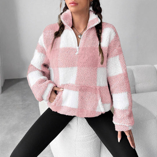 Damen nan kuscheliger Sherpa-Pullover mit Stehkragen, Half-Zip und Kängurutasche Shop Nory