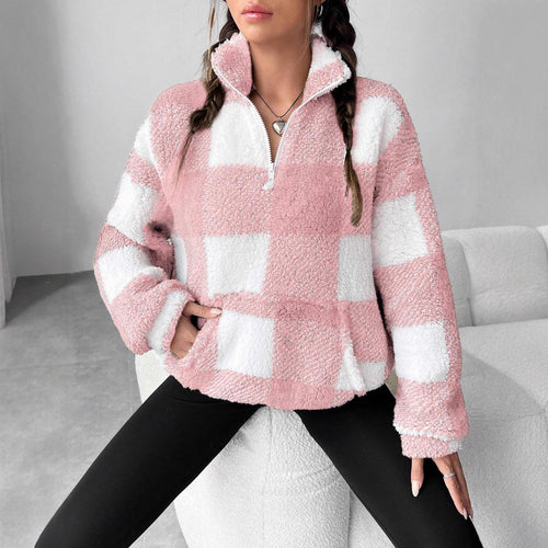Damen nan kuscheliger Sherpa-Pullover mit Stehkragen, Half-Zip und Kängurutasche Shop Nory