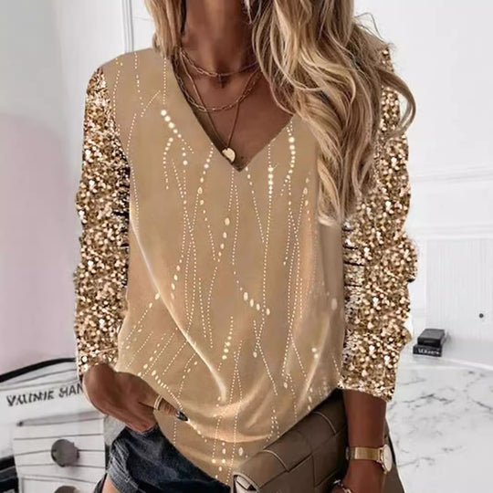 Damen Festliche V-Ausschnitt Bluse mit Paillettenärmeln und leichter Drapierung Shop Nory
