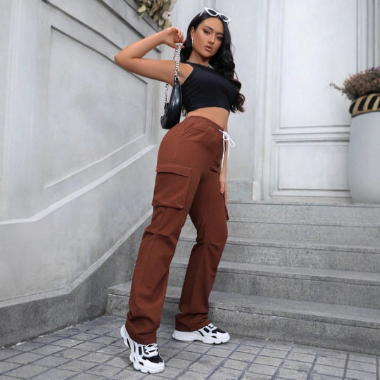 Damen taillenhohe Cargo-Jogginghose mit weitem Bein und Kordelzug Shop Nory