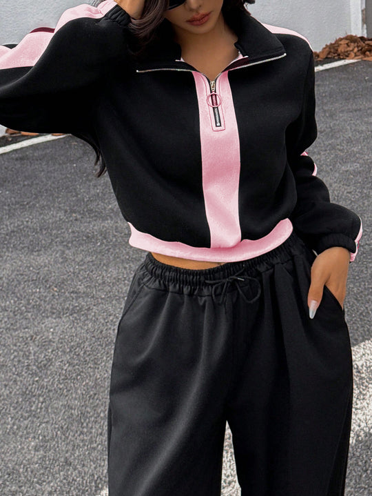 Damen kurzes Sweatshirt mit Halbreißverschluss und elastischer Bund Jogginghose Set Shop Nory