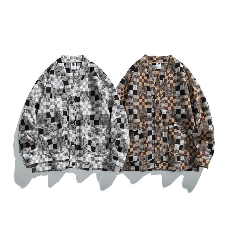 Unisex Boxy-Strickjacke im Patchwork-Karo mit V-Ausschnitt, Druckknopffront und aufgesetzten Taschen Shop Nory