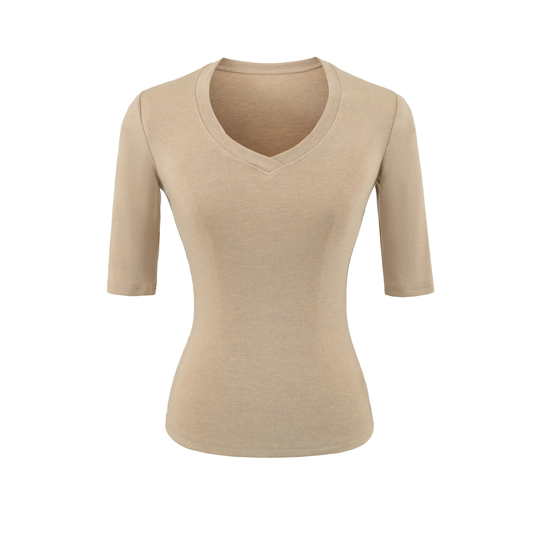 Damen Figurbetontes V‑Ausschnitt Dreiviertelarm Feinripp-Top aus Stretchjersey Shop Nory