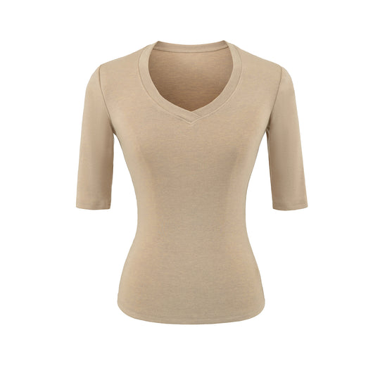 Damen Figurbetontes V‑Ausschnitt Dreiviertelarm Feinripp-Top aus Stretchjersey Shop Nory