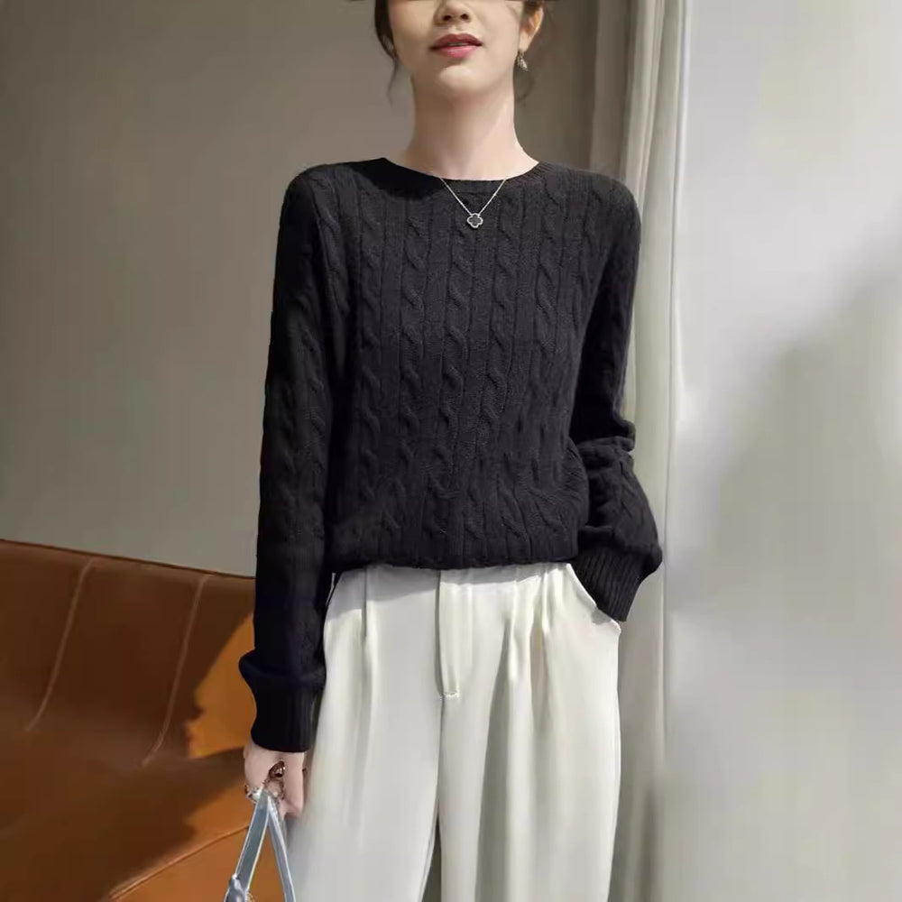 Damen Zopfstrick-Rundhalspullover aus weichem Wollmix mit gerippten Bündchen Shop Nory