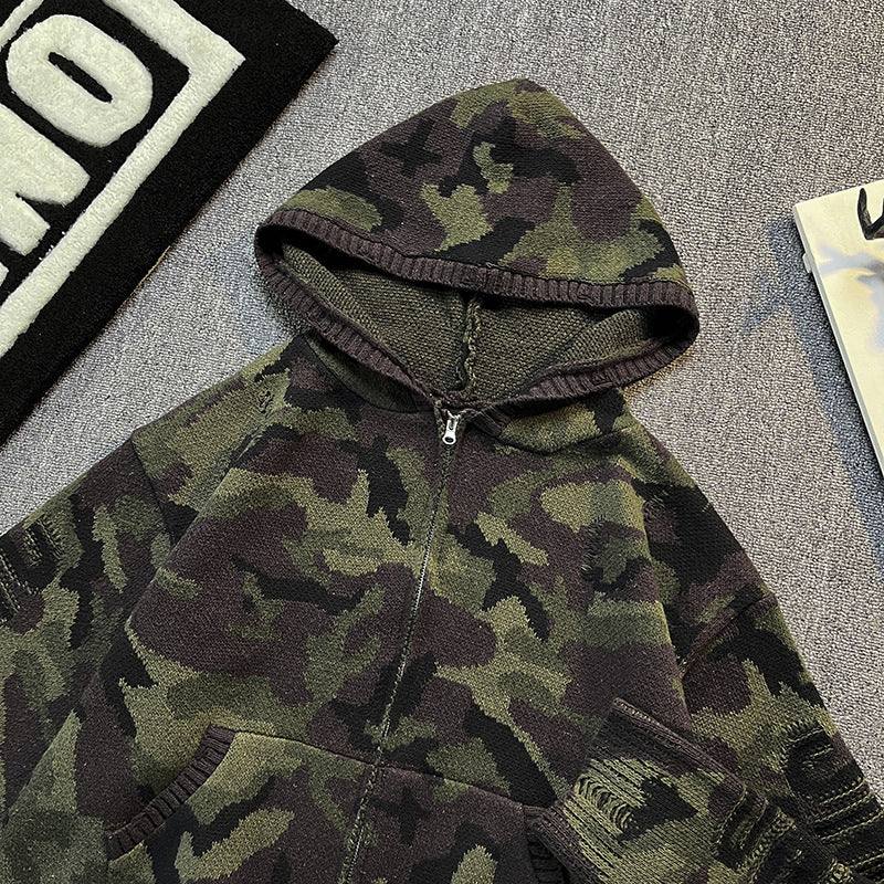 Herren Strick-Kapuzenjacke im Camouflage-Look mit Reißverschluss und used-Details Shop Nory