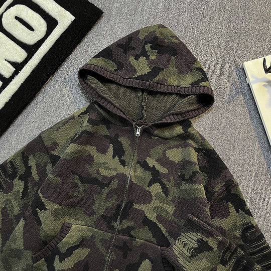 Herren Strick-Kapuzenjacke im Camouflage-Look mit Reißverschluss und used-Details Shop Nory