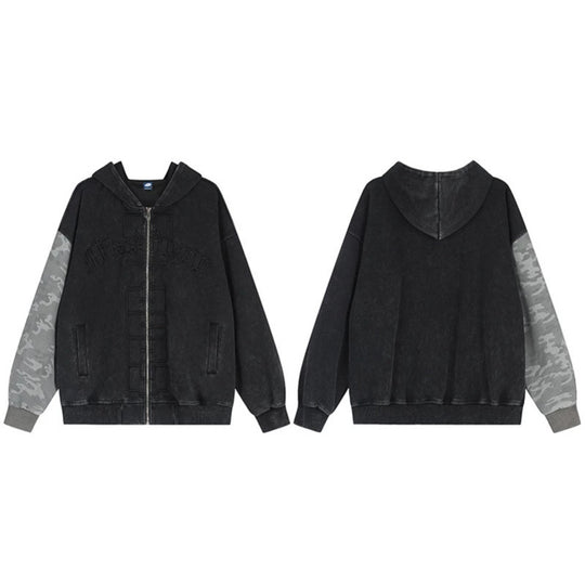 Unisex Oversize-Kapuzen-Zipjacke mit Camouflage-Ärmel, Washed‑Effekt und erhabener Frontstickerei Shop Nory