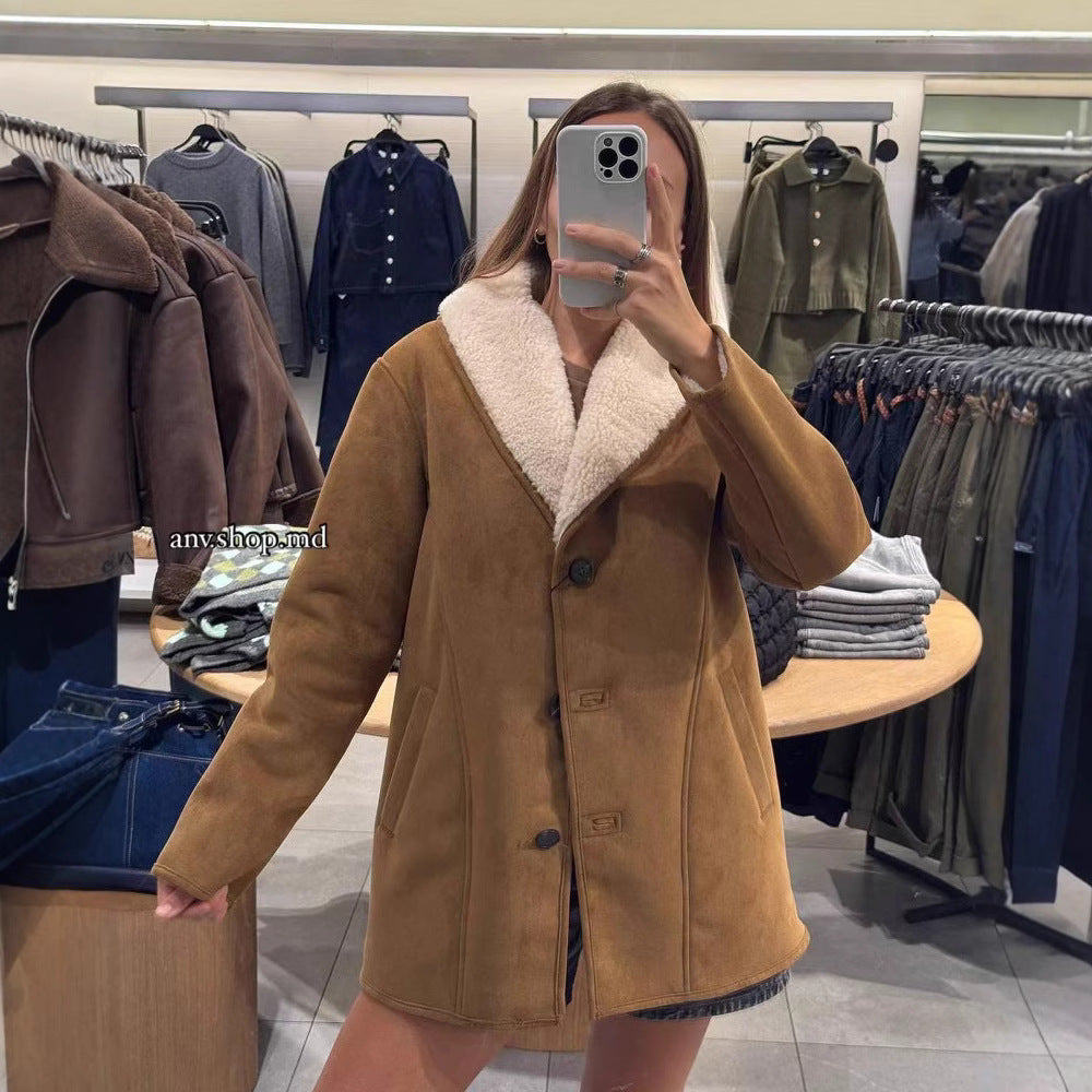 Damen Kurzmantel aus Veloursoptik mit Teddyfutter und Schalkragen Shop Nory