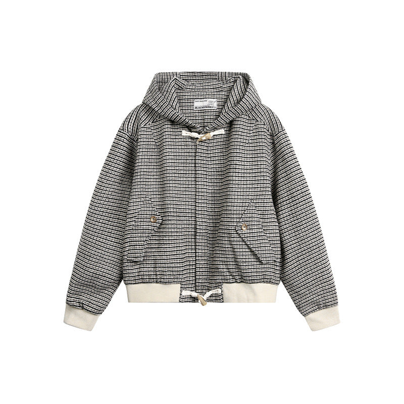 Unisex Kurz geschnittener Kapuzen-Blousonjacke im Strukturmix mit Knebelverschluss und Rippbündchen Shop Nory