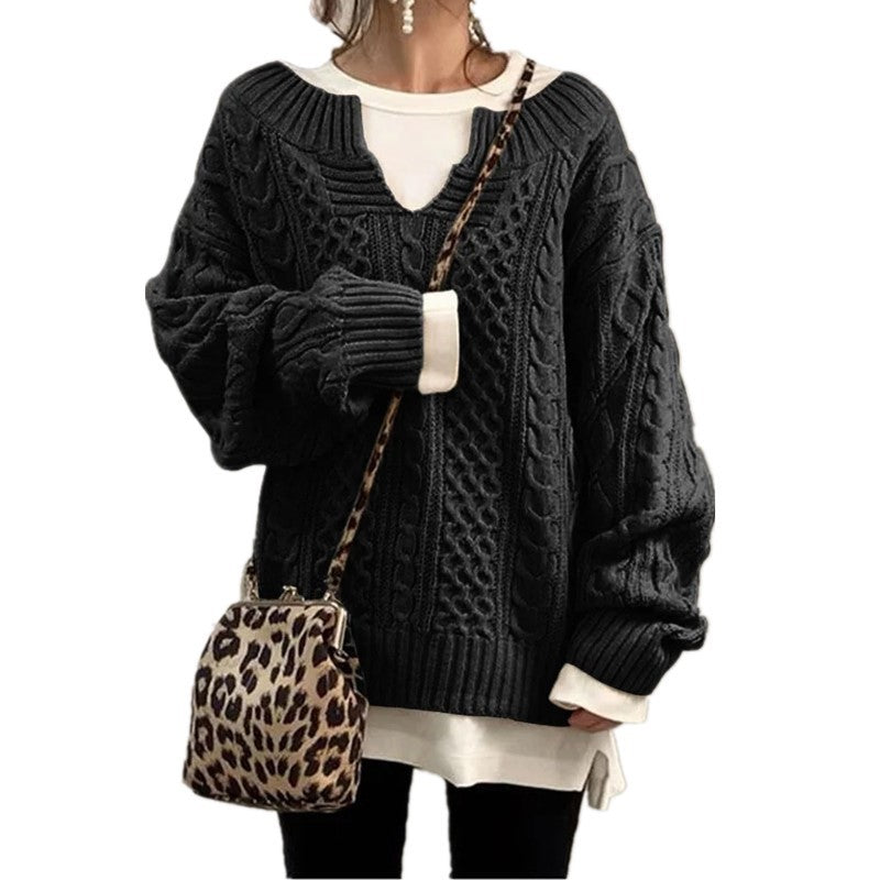 Damen nan weit geschnittener Strickpullover mit Zopfmuster und V-Ausschnitt Shop Nory