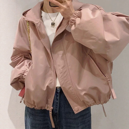 Damen Oversize-Kapuzenjacke im Bomberstil mit Kordelzug, elastischen Bündchen & seitlichen Reißverschlusstaschen Shop Nory