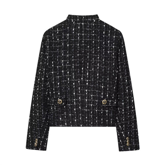 Damen kurze Bouclé‑Tweed‑Jacke mit Stehkragen, Zierknöpfen und Pattentaschen Shop Nory