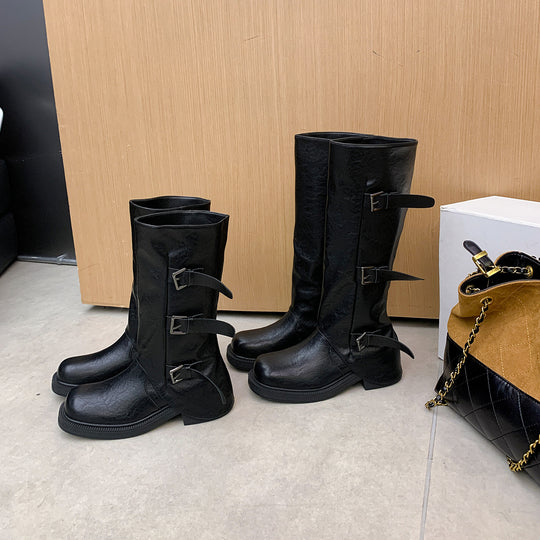 Damen Wadenhohe Stiefel mit dreifacher Gürtelschnalle und profilierter Plateausohle Shop Nory