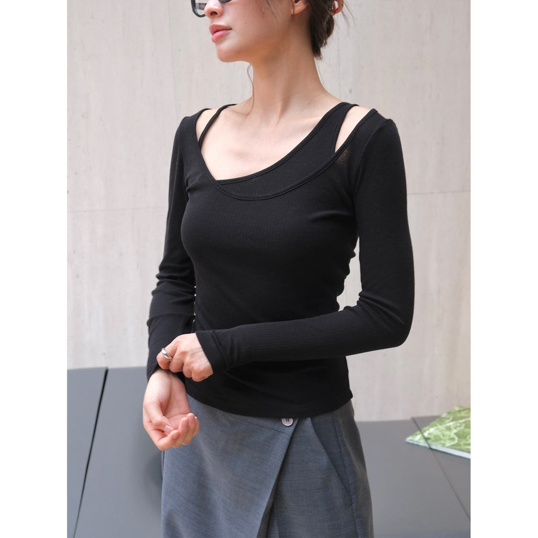Damen Asymmetrisches Longsleeve mit doppeltem Ausschnitt und Spaghettiträger-Detail Shop Nory