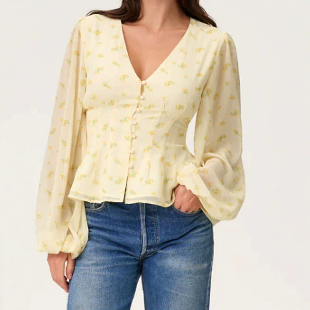 Damen Jacquard-Spitzenbluse mit tailliertem Schößchen und Ballonärmeln Shop Nory
