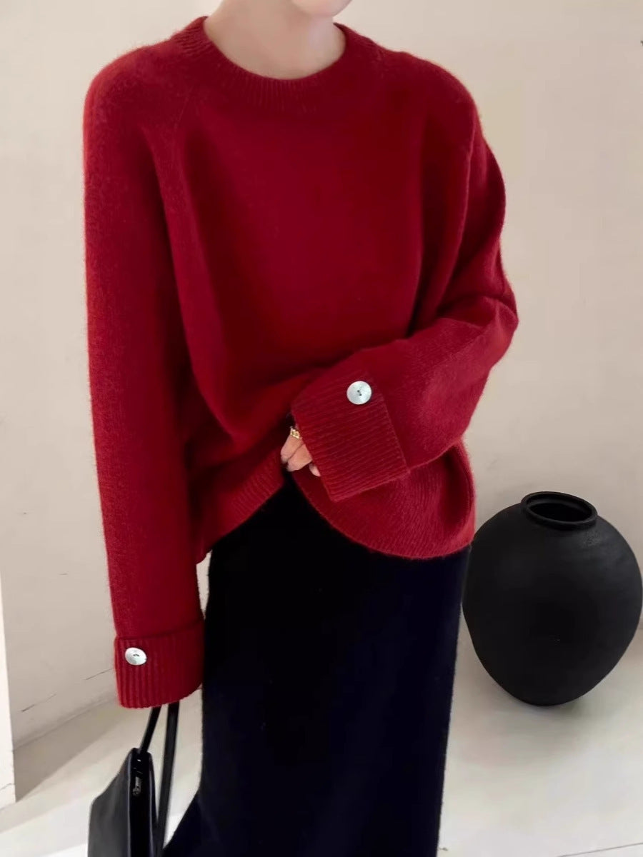 Damen Oversize-Rundhalspullover mit verlängerten Manschetten und Zierknopf Shop Nory