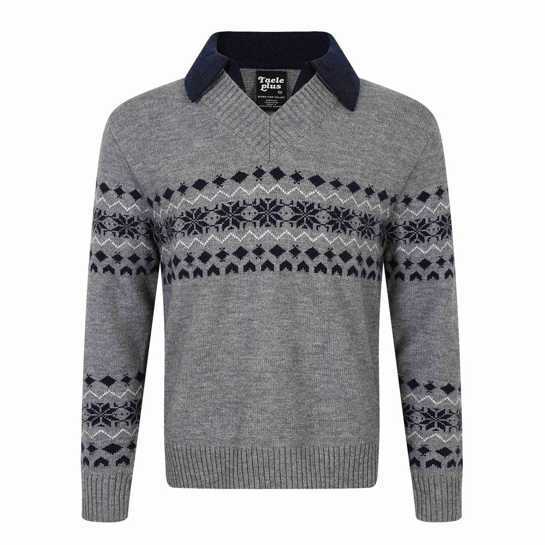 Herren Norweger-Strickpullover mit V‑Ausschnitt und kontrastierendem Hemdkragen Shop Nory