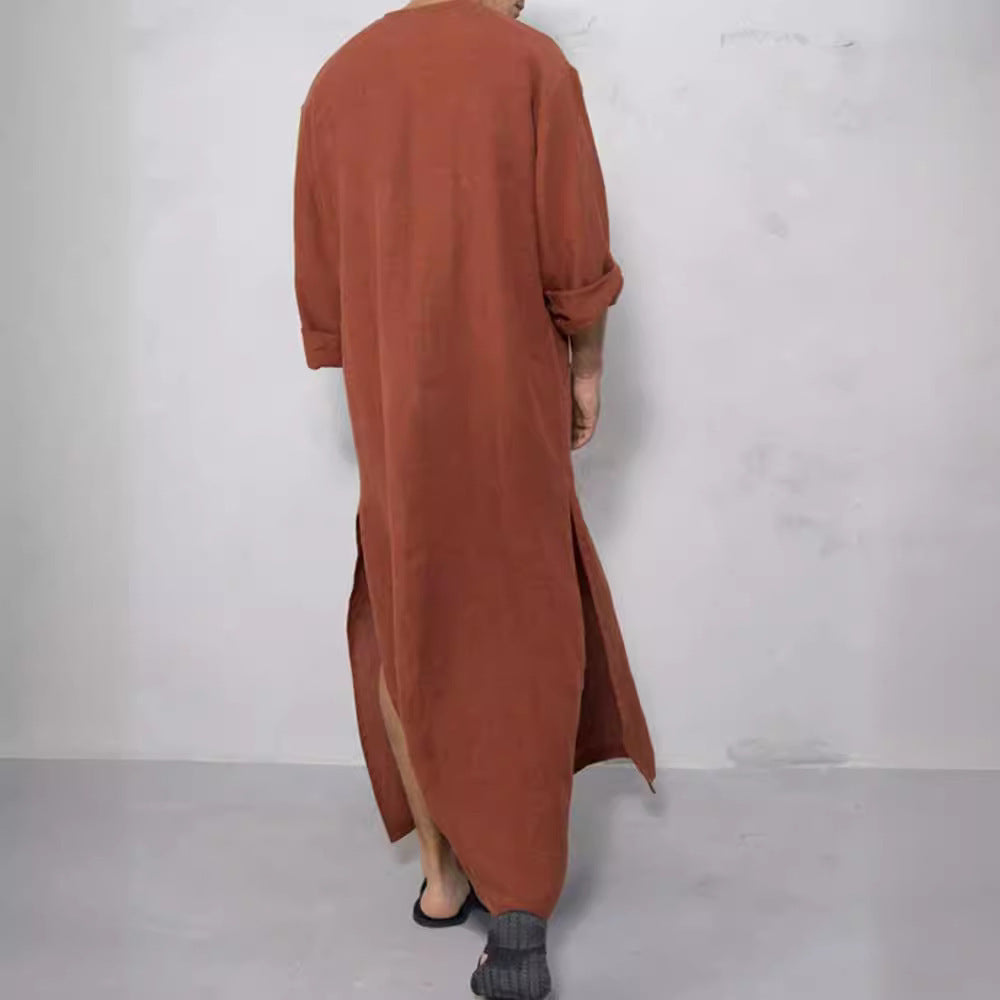 Herren nan weites langes Tunika-Kaftan aus atmungsaktivem Leinen mit Stehkragen Knopfblende und aufgesetzten Taschen