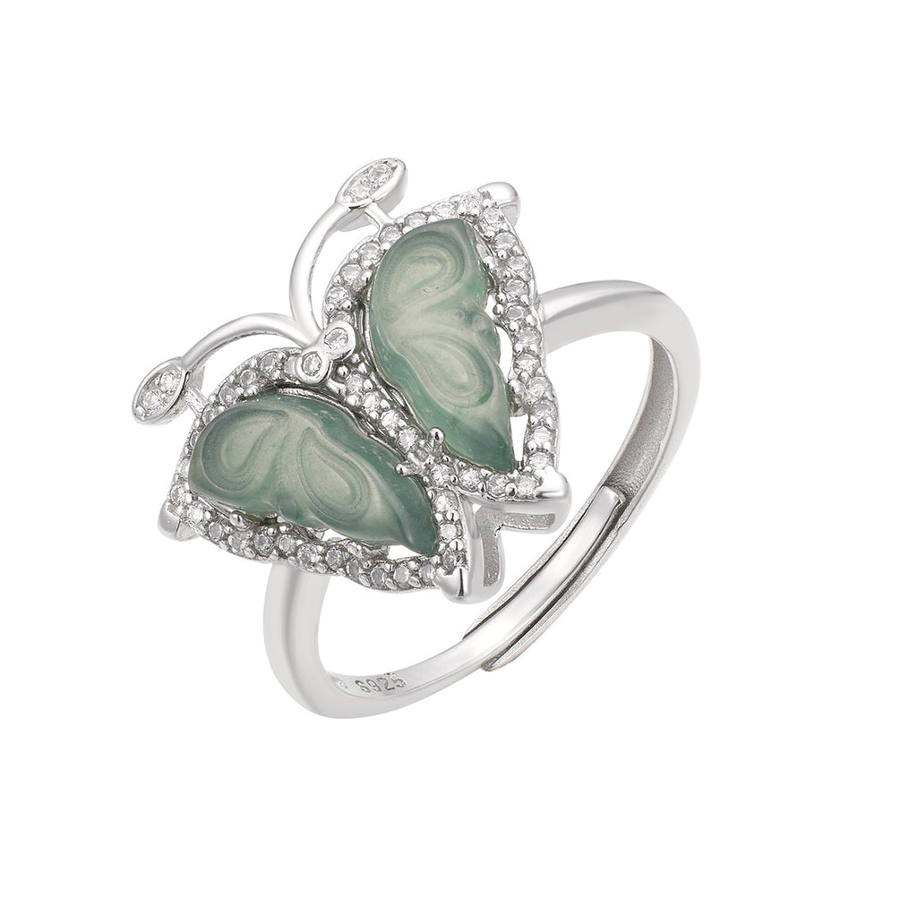 Damen Ring mit kunstvollem Schmetterlingsdesign und hochwertigen grünem Jade Shop Nory
