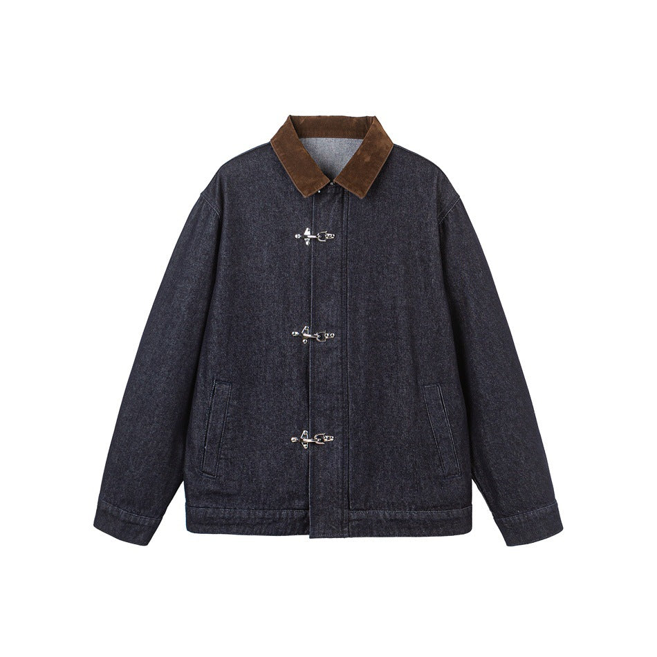 Herren Kastig geschnittener Denim‑Workwear‑Blouson mit Cord‑Umlegekragen und metallischen Hakenverschlüssen Shop Nory