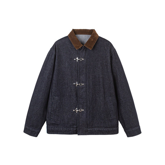 Herren Kastig geschnittener Denim‑Workwear‑Blouson mit Cord‑Umlegekragen und metallischen Hakenverschlüssen Shop Nory