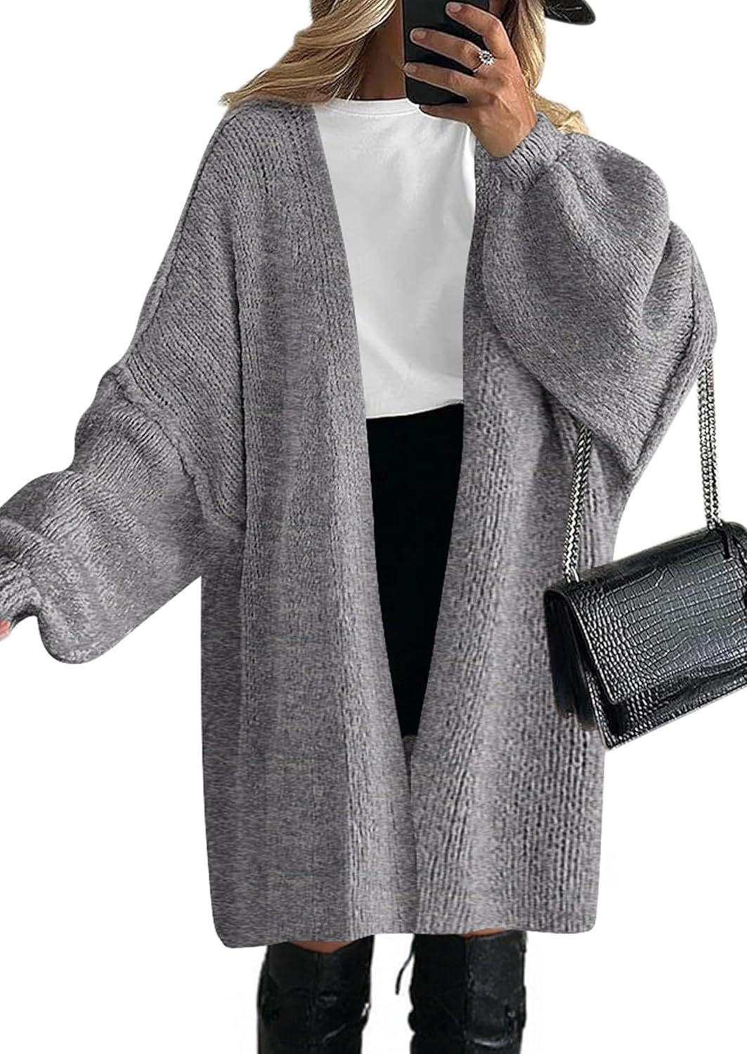Damen Oversize Strickcardigan mit weiten Ballonärmeln und offener Front Shop Nory